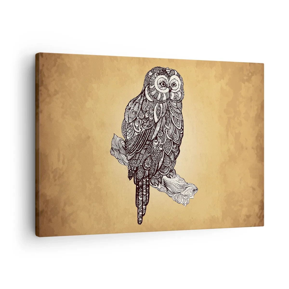 Quadro em tela - Uma coruja em estilo ornamental sobre fundo bege - 70x50cm - Ornamentos intrincados de sabedoria - Decoração de parede moderna para a sala de estar e quarto ARTTOR