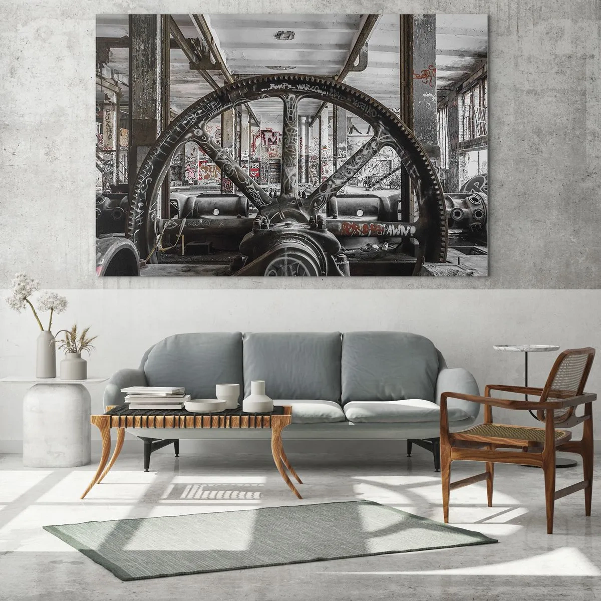 Quadro em vidro - Interior industrial histórico com uma roda dentada - 70x50cm - A vida secreta da fábrica - Decoração de parede moderna para a sala de estar e quarto ARTTOR