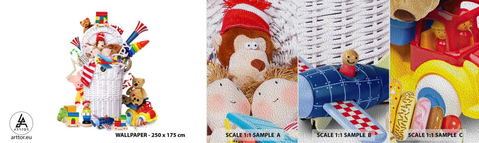 Amostra de papel de parede Premium Sand - Tesouros das crianças - Brinquedos, Para crianças, Quarto infantil - 100x30 cm