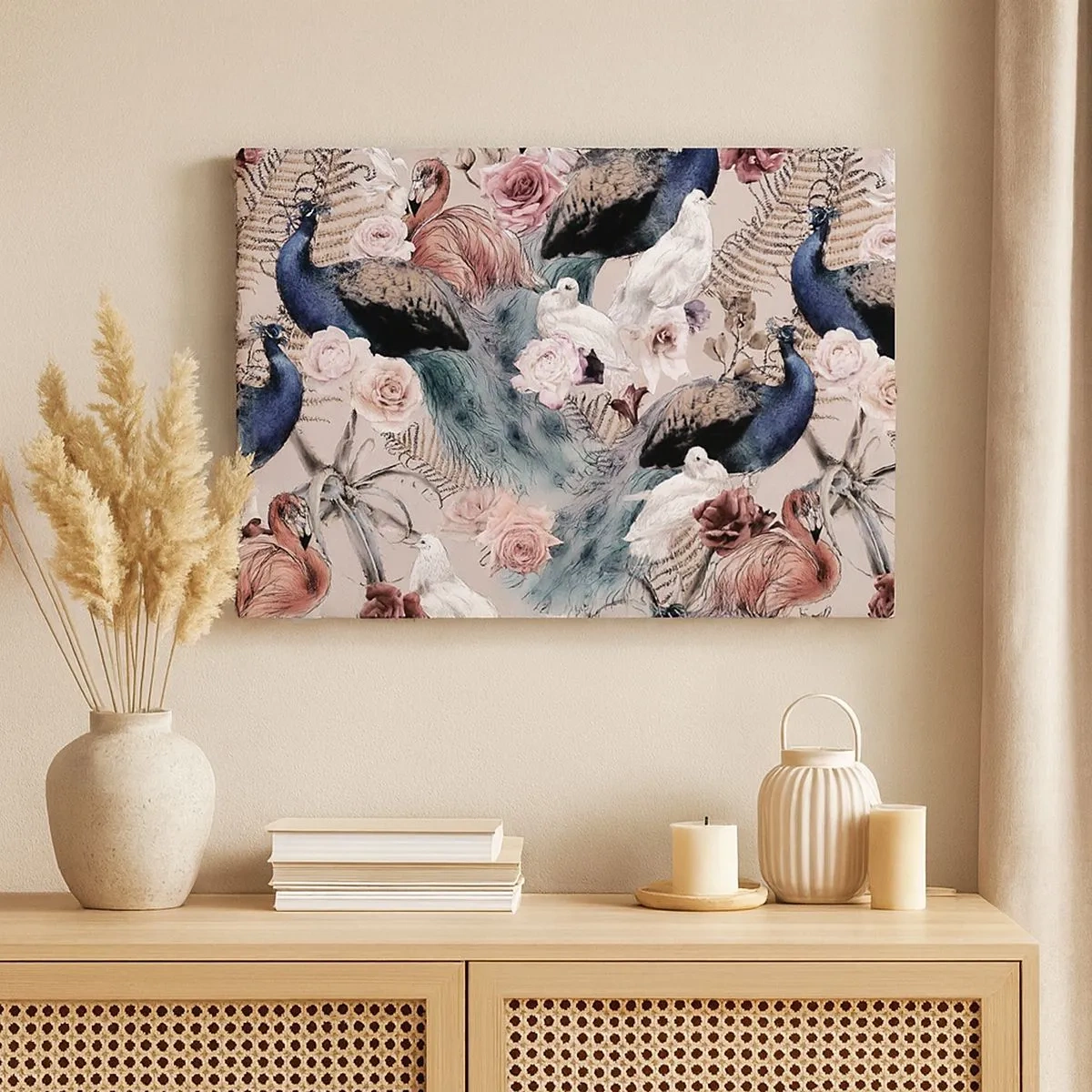 Quadro em tela - Uma paisagem com penas de pavão, rosas e pássaros em um estilo romântico. - 70x50cm - No jardim do palácio - Decoração de parede moderna para a sala de estar e quarto ARTTOR