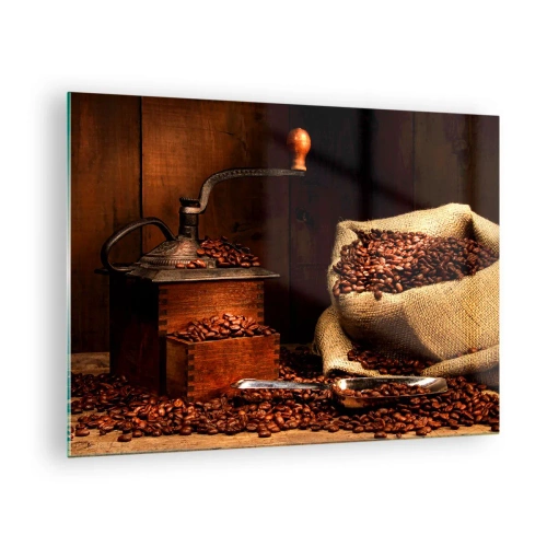 Quadro em vidro - Um velho moedor de café com grãos e um saco de café - 70x50cm - Natureza morta com grãos de café e moedor - Decoração de parede moderna para a sala de estar e quarto ARTTOR