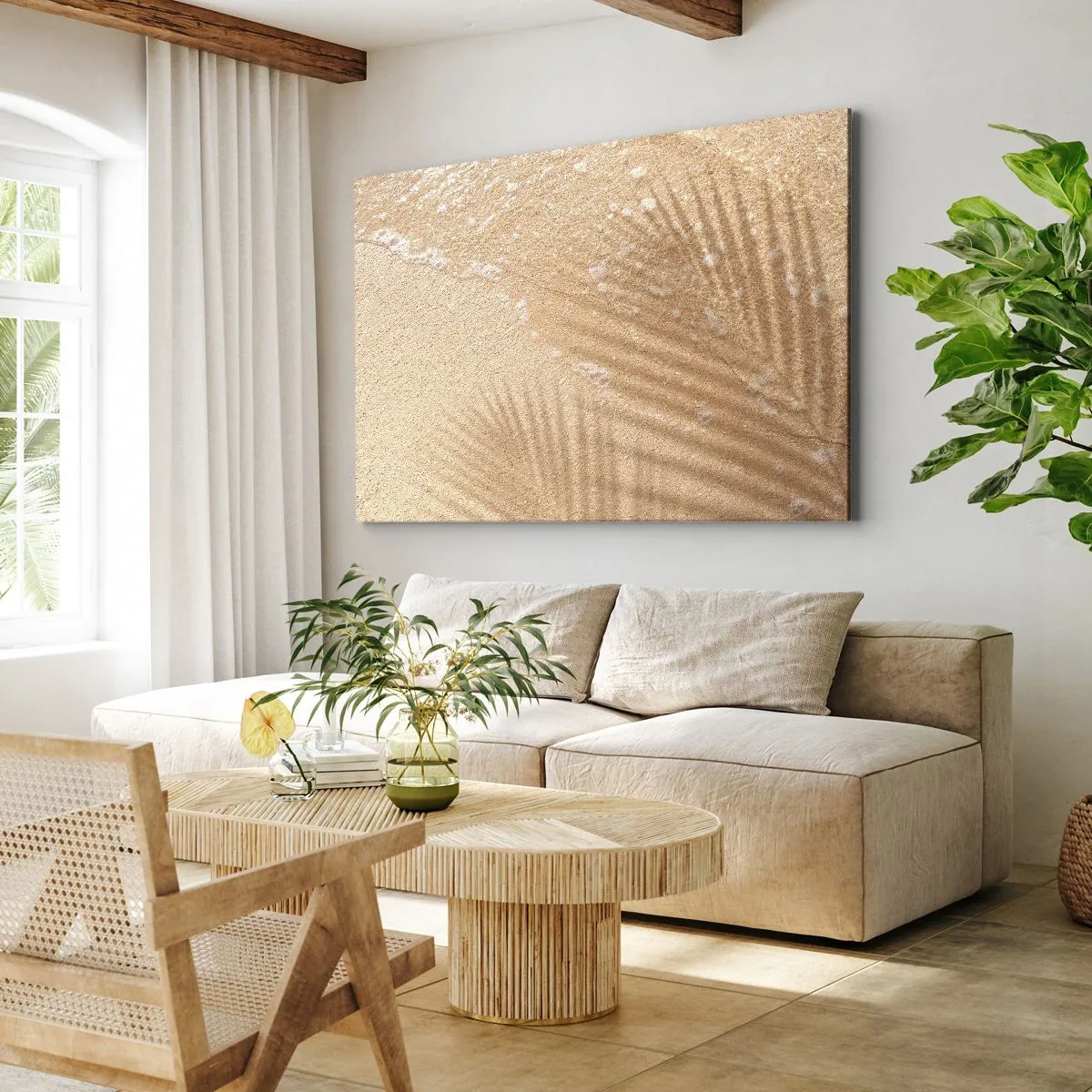 Quadro em tela - A sombra de uma palmeira na areia com um delicado padrão de ondas - 70x50cm - A sombra de um verão quente - Decoração de parede moderna para a sala de estar e quarto ARTTOR