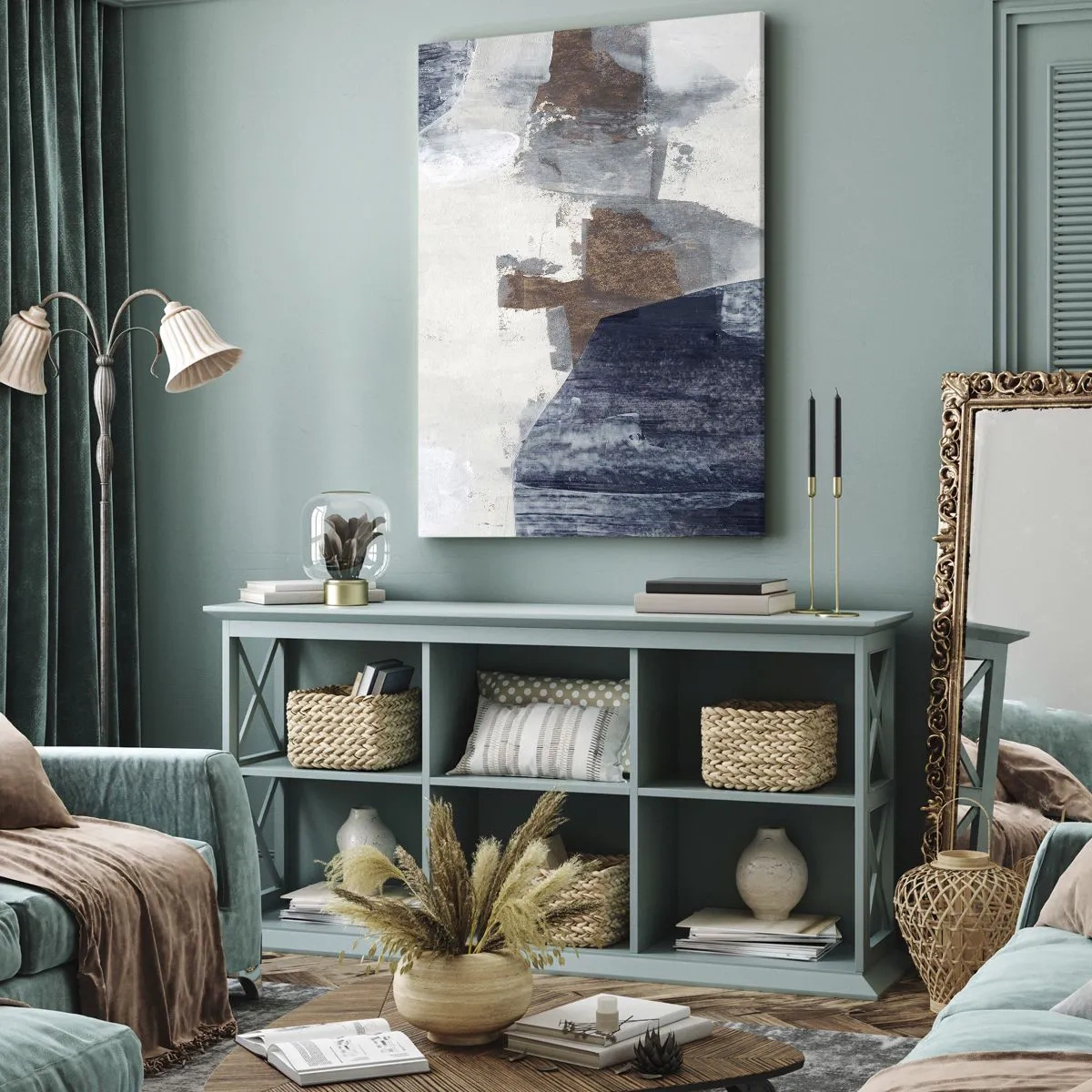 Quadro em tela - Formas azuis e marrons - 70x100 cm