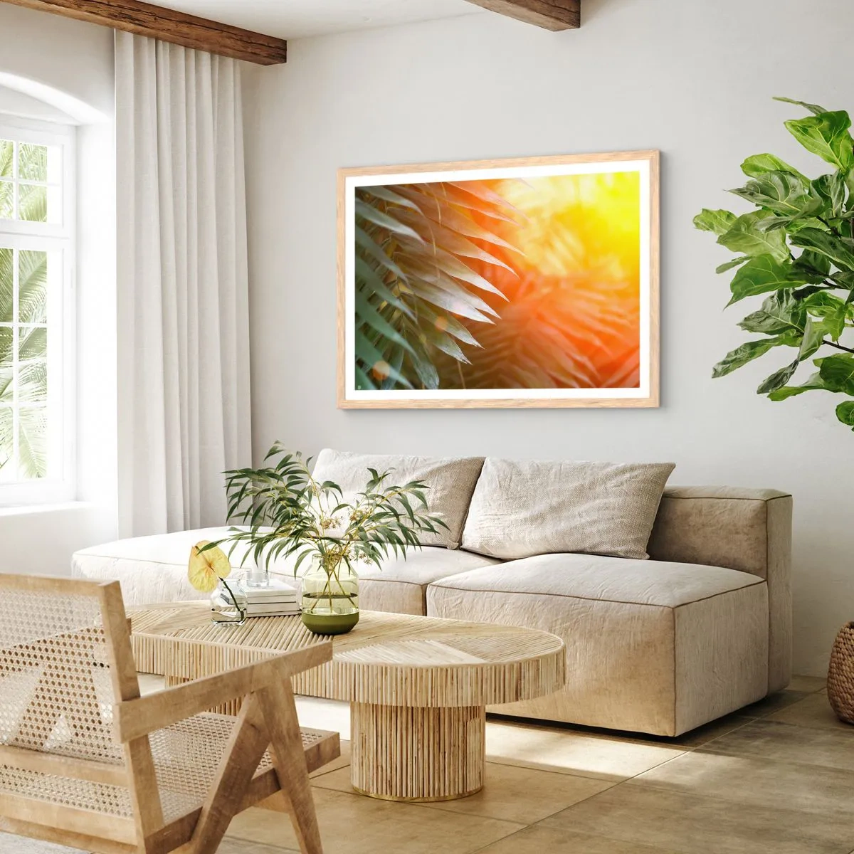 Pôster com moldura de carvalho claro - Manhã na selva - 91x61 cm