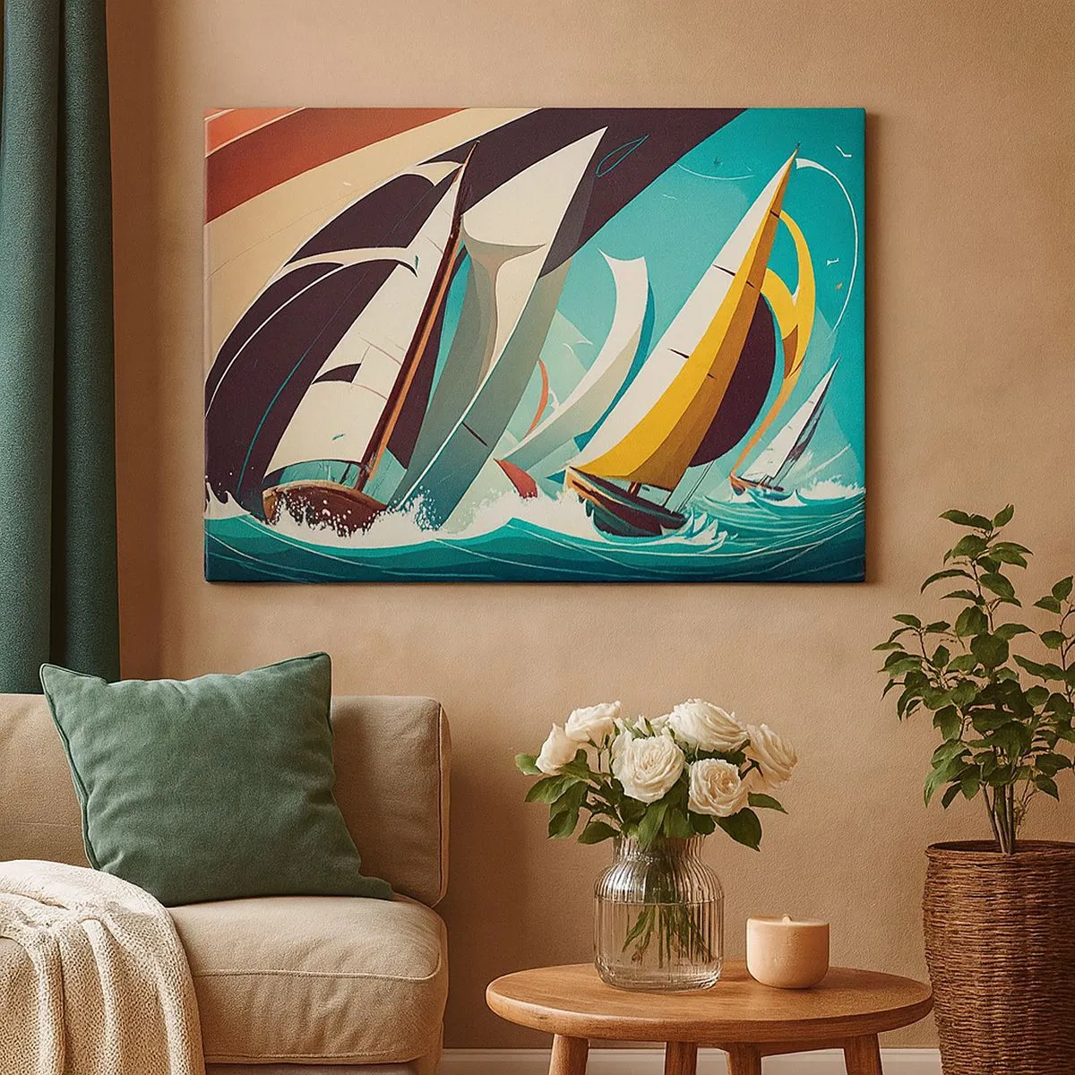 Quadro em tela - Uma ilustração dinâmica de veleiros em um mar tempestuoso. - 70x50cm - Boa sorte com os elementos - Decoração de parede moderna para a sala de estar e quarto ARTTOR