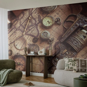 Papel de Parede Autocolante Deluxe Sticker - A aventura nos chama - Mapa mundial, Bússola, Revólver - 200x140 cm