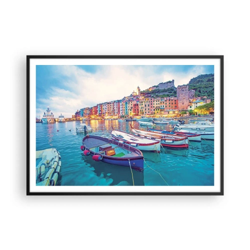 Pôster com moldura preta - Uma noite colorida no porto - 100x70 cm