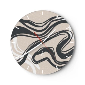 Relógio de parede - Relógio em vidro - Curvas pretas em um fundo bege em um estilo gráfico - 30x30cm - Expressão multiplicada - Decoração de parede moderna para a sala de estar, cozinha e quarto ARTTOR