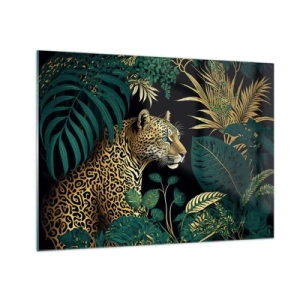 Quadro em vidro - Um leopardo entre folhas tropicais em um fundo escuro - 70x50cm - Um anfitrião na selva - Decoração de parede moderna para a sala de estar e quarto ARTTOR