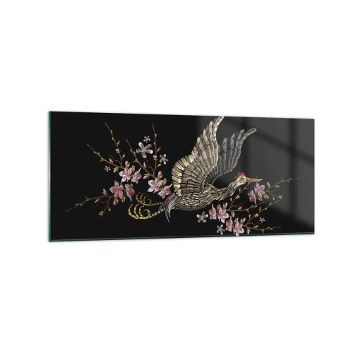 Quadro em vidro - Pássaro exótico e bordado - 120x50 cm