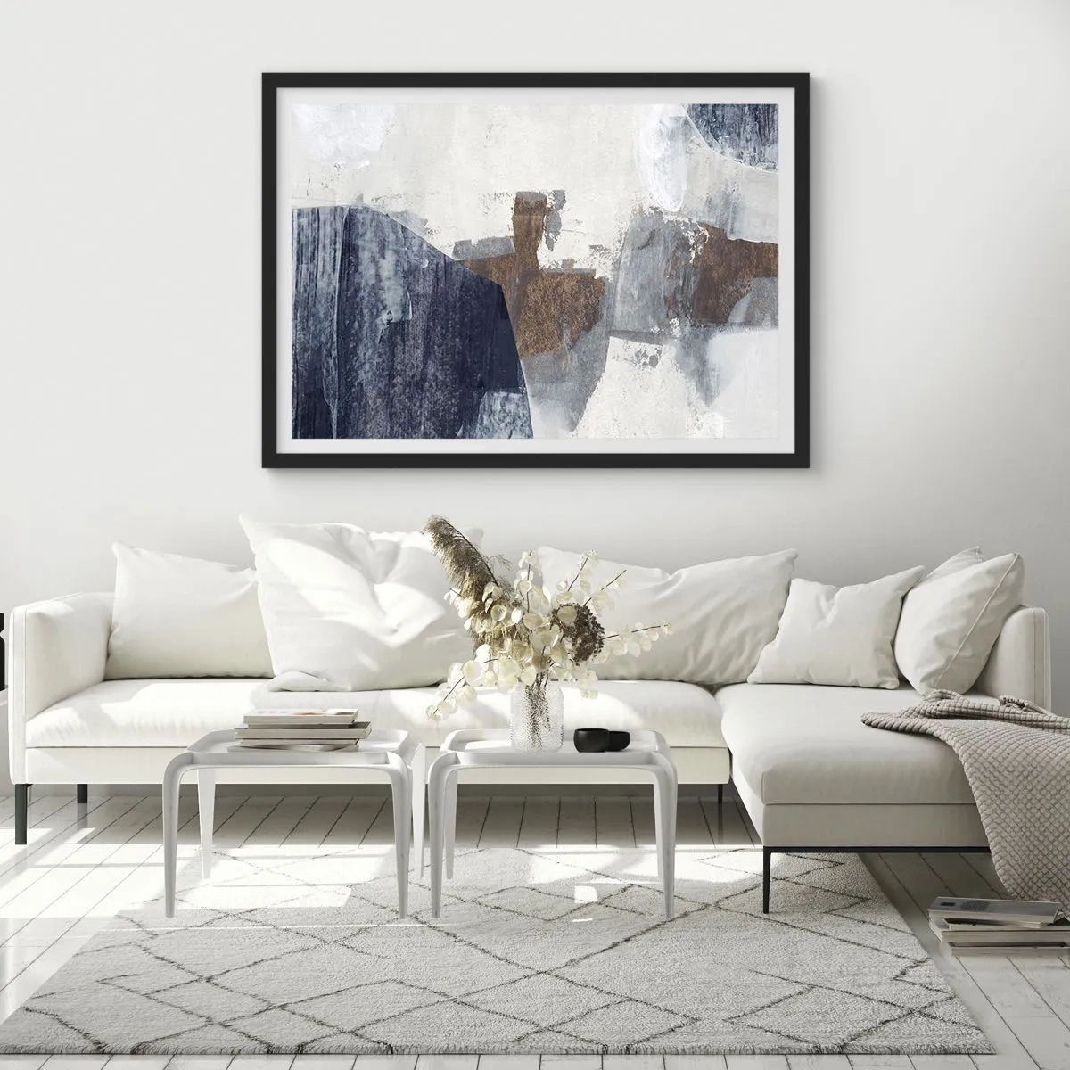 Pôster com moldura preta - Formas azuis e marrons - 50x40 cm