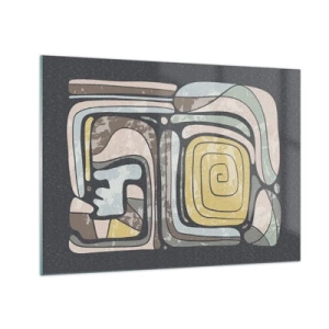 Quadro em vidro - Abstração geométrica em tons terrosos sobre fundo preto - 70x50cm - Abstração no espírito pré-colombiano - Decoração de parede moderna para a sala de estar e quarto ARTTOR