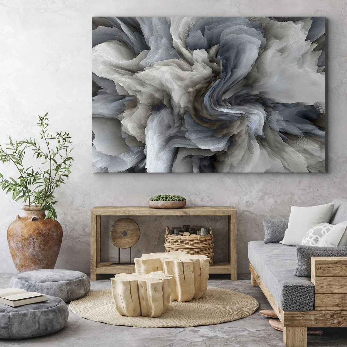 Quadro em tela - Redemoinho abstrato em tons de cinza e azul - 70x50cm - Pedra e flor - Decoração de parede moderna para a sala de estar e quarto ARTTOR