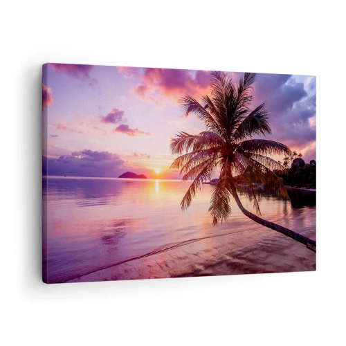 Quadro em tela - Praia tropical com palmeiras ao pôr do sol - 70x50cm - Felicidade no horizonte - Decoração de parede moderna para a sala de estar e quarto ARTTOR