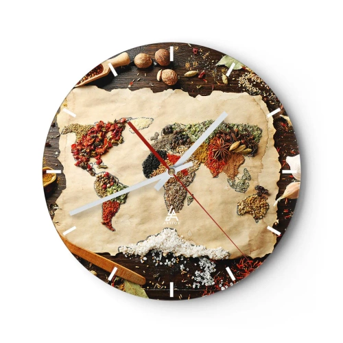 Relógio de parede - Relógio em vidro - Mapa-múndi feito de especiarias sobre fundo de madeira - 30x30cm - Todos os gostos do mundo - Decoração de parede moderna para a sala de estar, cozinha e quarto ARTTOR