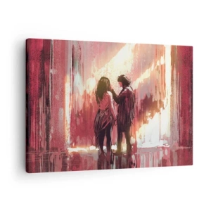 Quadro em tela - Um casal em pé sob uma luz quente contra um fundo de padrões abstratos. - 70x50cm - O eterno espetáculo do amor - Decoração de parede moderna para a sala de estar e quarto ARTTOR