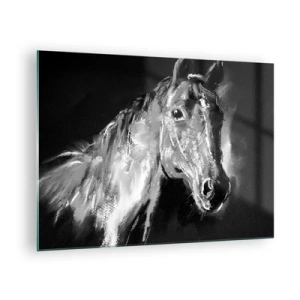 Quadro em vidro - Retrato de um cavalo em tons de preto e branco sobre fundo escuro - 70x50cm - O Brilho de uma Alma Nobre - Decoração de parede moderna para a sala de estar e quarto ARTTOR