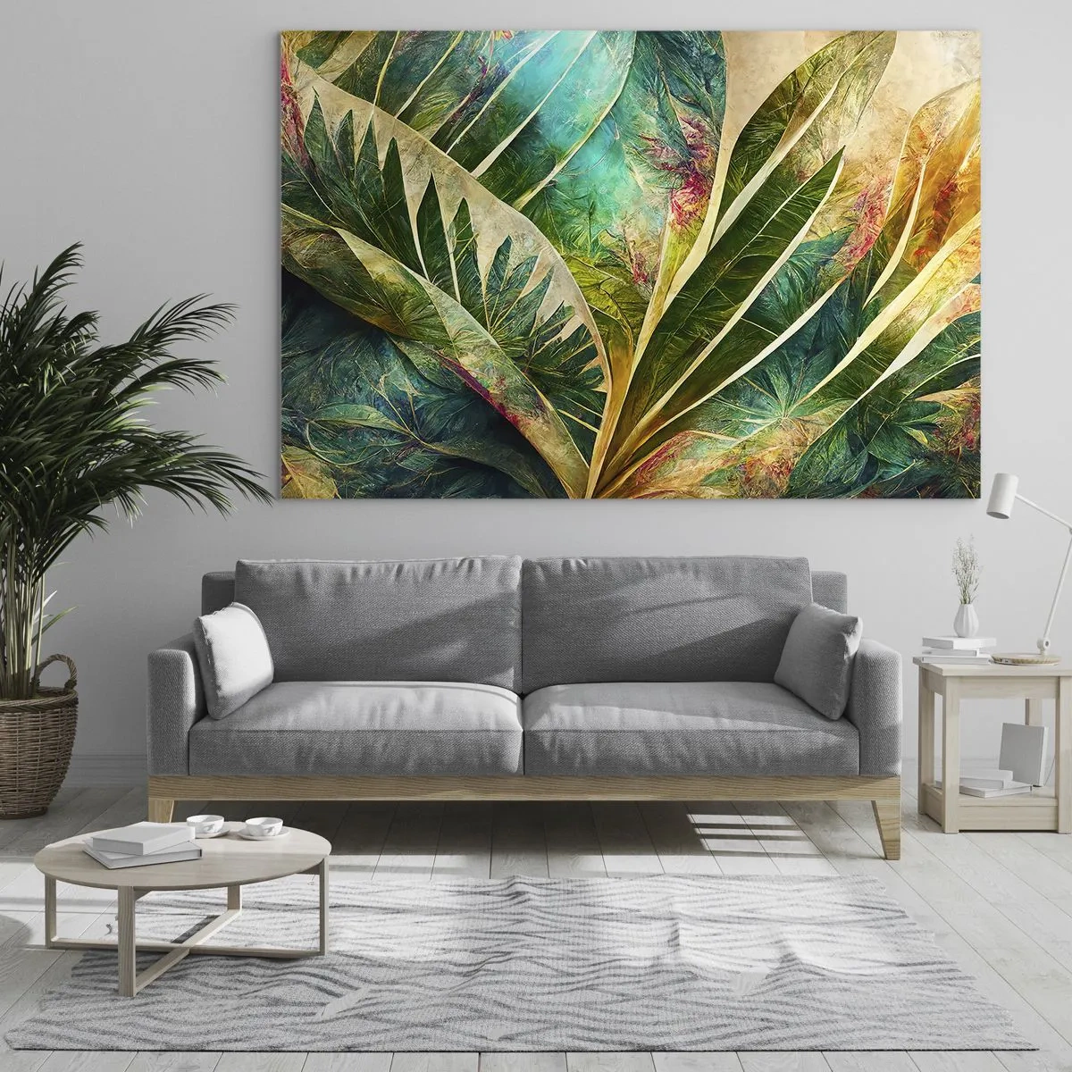 Quadro em vidro - Folhas coloridas com um toque tropical - 70x50cm - As cores dos trópicos - Decoração de parede moderna para a sala de estar e quarto ARTTOR