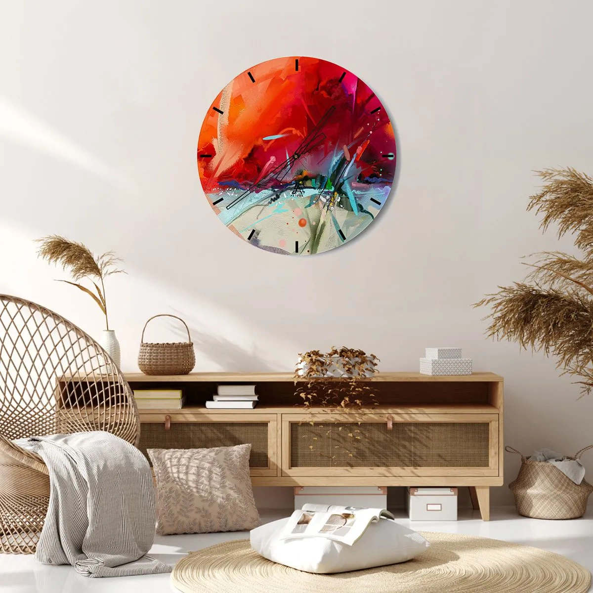 Relógio de parede - Relógio em vidro - Um jogo abstrato de vermelhos intensos e detalhes sutis - 30x30cm - Explosão de luzes e cores - Decoração de parede moderna para a sala de estar, cozinha e quarto ARTTOR