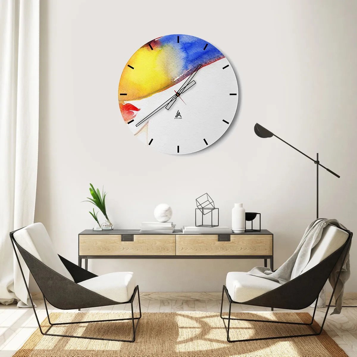 Relógio de parede - Relógio em vidro - Retrato abstrato com respingos de aquarela - 30x30cm - Retrato de uma dama    - Decoração de parede moderna para a sala de estar, cozinha e quarto ARTTOR