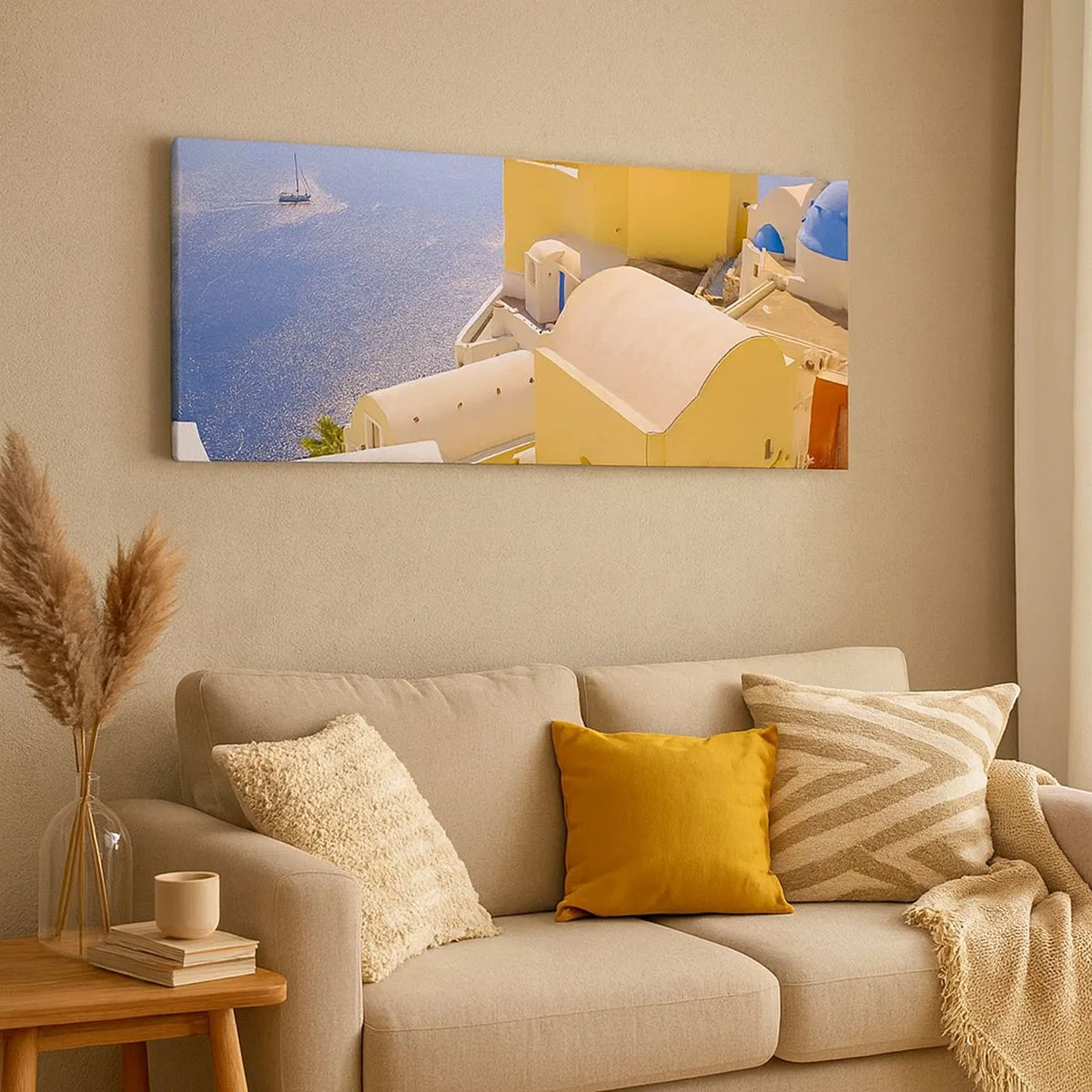 Quadro em tela - Paisagem grega em branco e azul - 100x40 cm