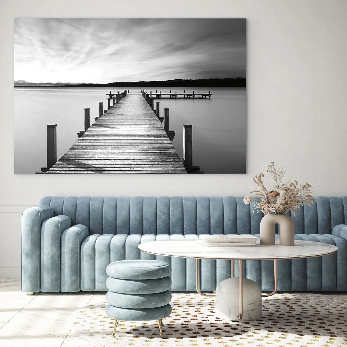 Quadro em vidro - Um cais de madeira leva à distância através de um lago calmo - 70x50cm - A fonte da tranquilidade - Decoração de parede moderna para a sala de estar e quarto ARTTOR