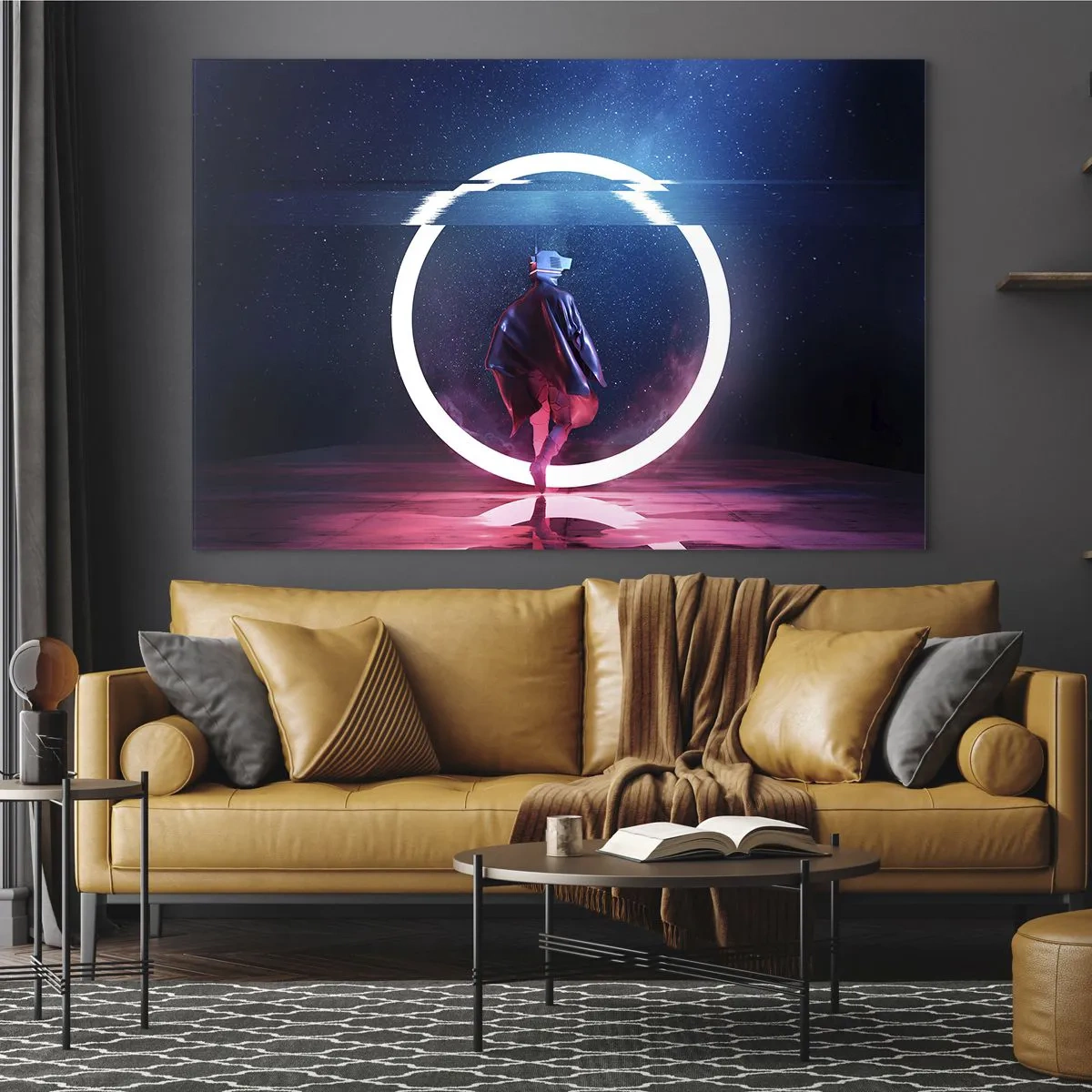 Quadro em vidro - Uma figura em um cenário futurista com um anel de neon - 70x50cm - Entre Mundos - Decoração de parede moderna para a sala de estar e quarto ARTTOR