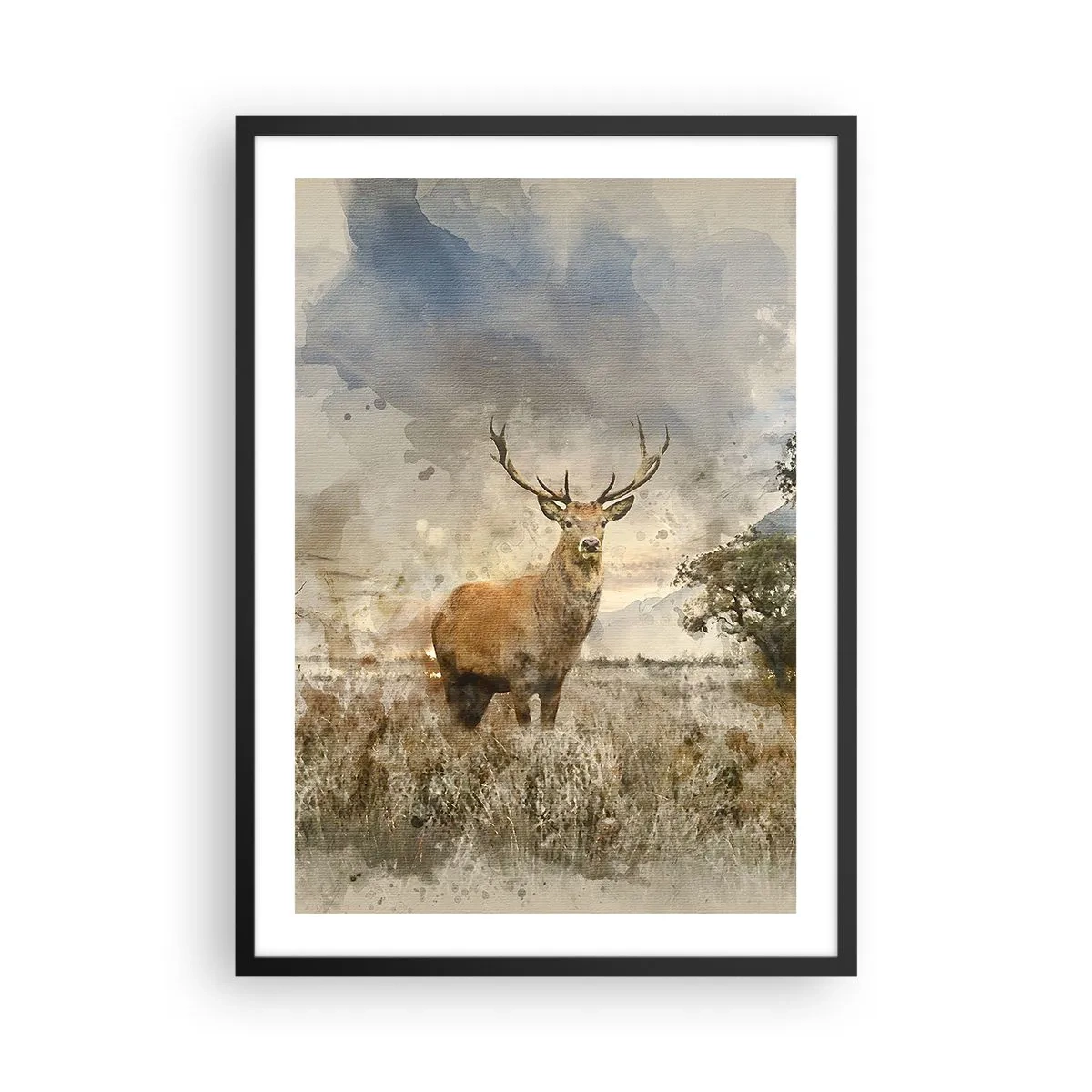 Pôster com moldura preta - Veado contra um fundo natural em estilo pictórico - 50x70cm - Dignidade - força - dignidade - Decoração de parede moderna para a sala de estar e quarto ARTTOR
