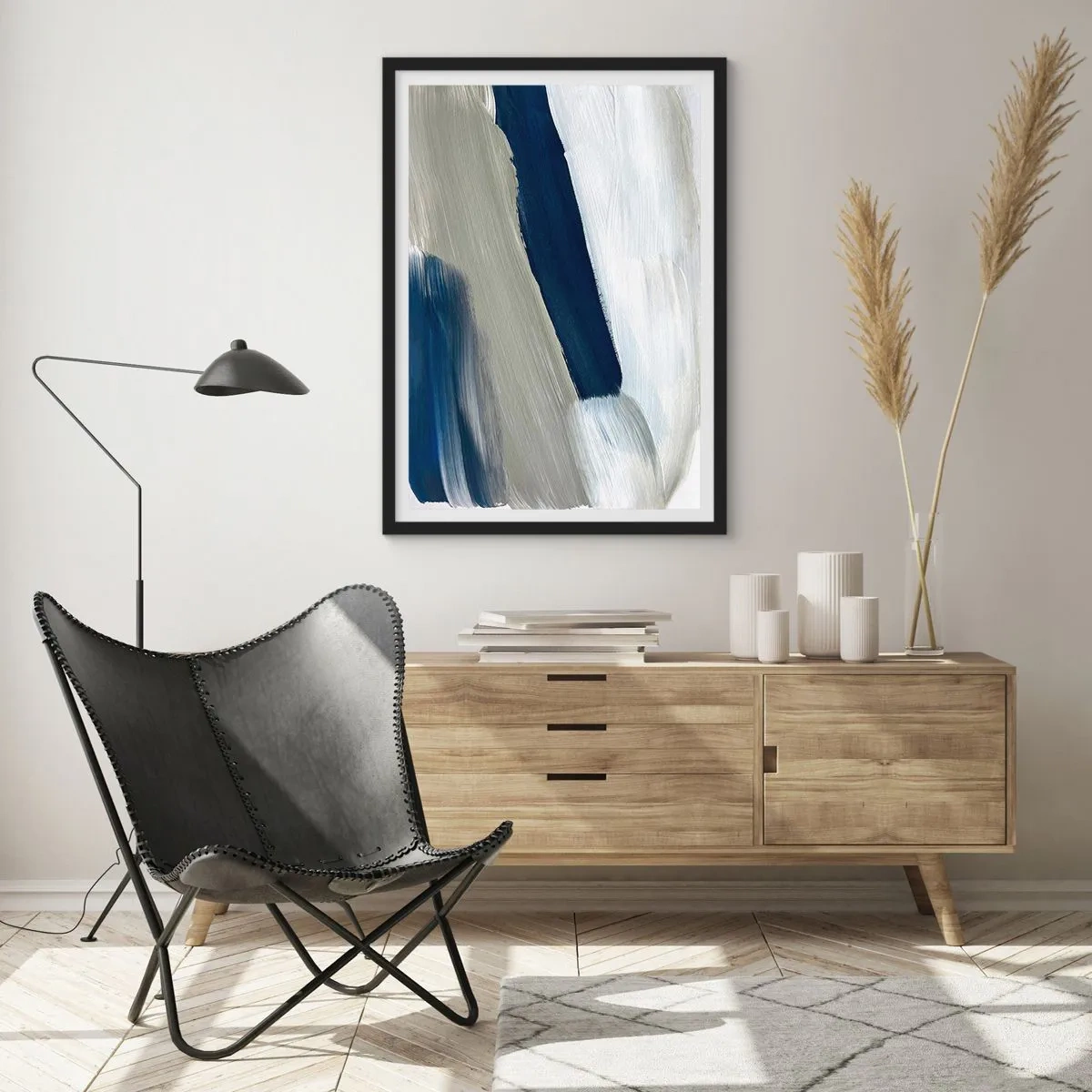 Pôster com moldura preta - Pinceladas abstratas em tons de azul marinho - 50x70cm - Encontro com a brancura - Decoração de parede moderna para a sala de estar e quarto ARTTOR