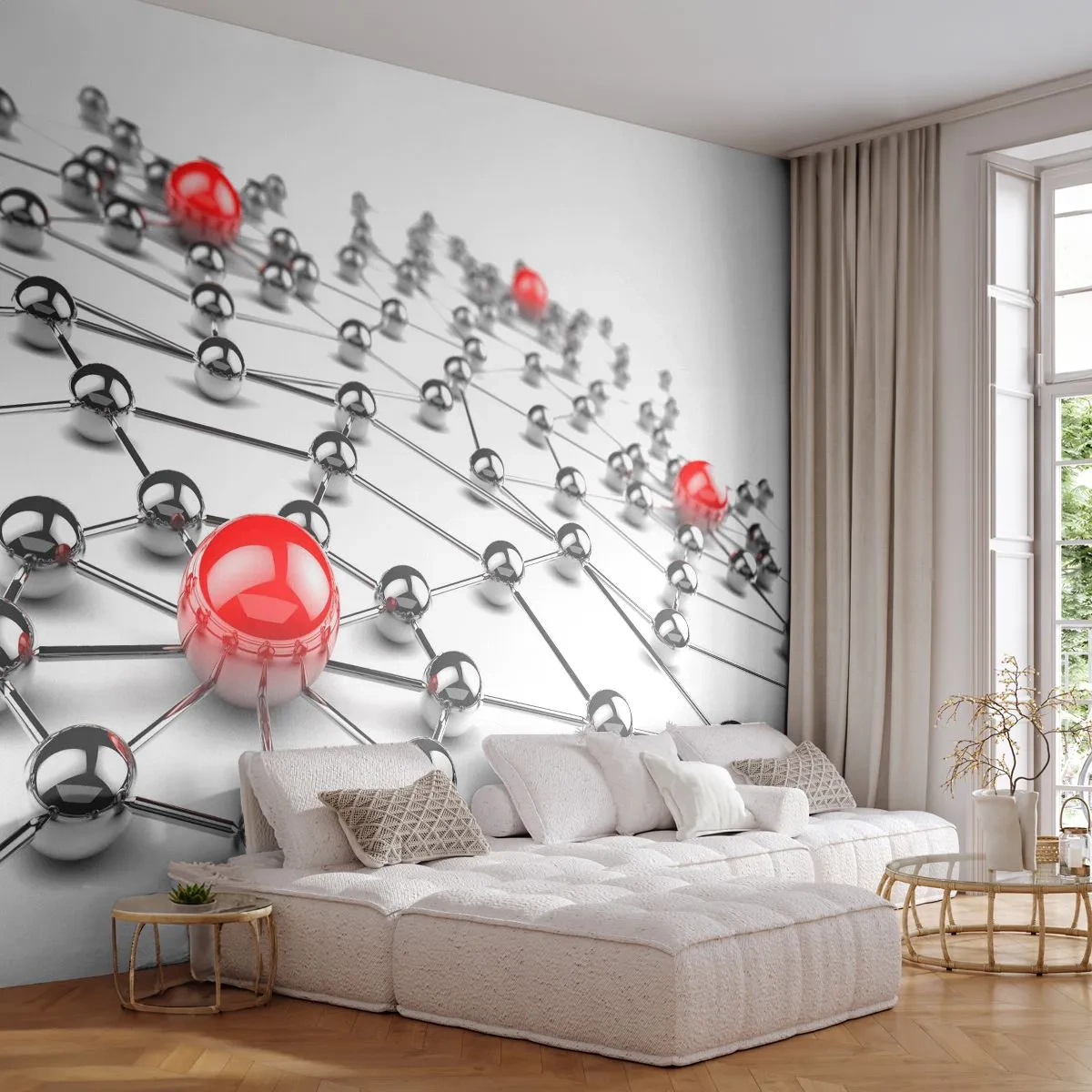 Papel de Parede Autocolante Deluxe Sticker - Rede de Prata - Abstração, Bolas Metálicas, 3D - 250x175 cm