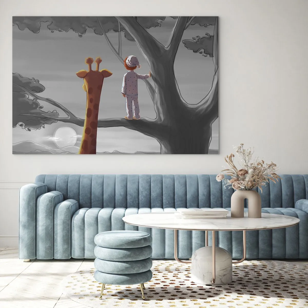 Quadro em vidro - Uma criança de pijama e uma girafa observam o pôr do sol de uma árvore. - 70x50cm - Isso está realmente acontecendo - Decoração de parede moderna para a sala de estar e quarto ARTTOR