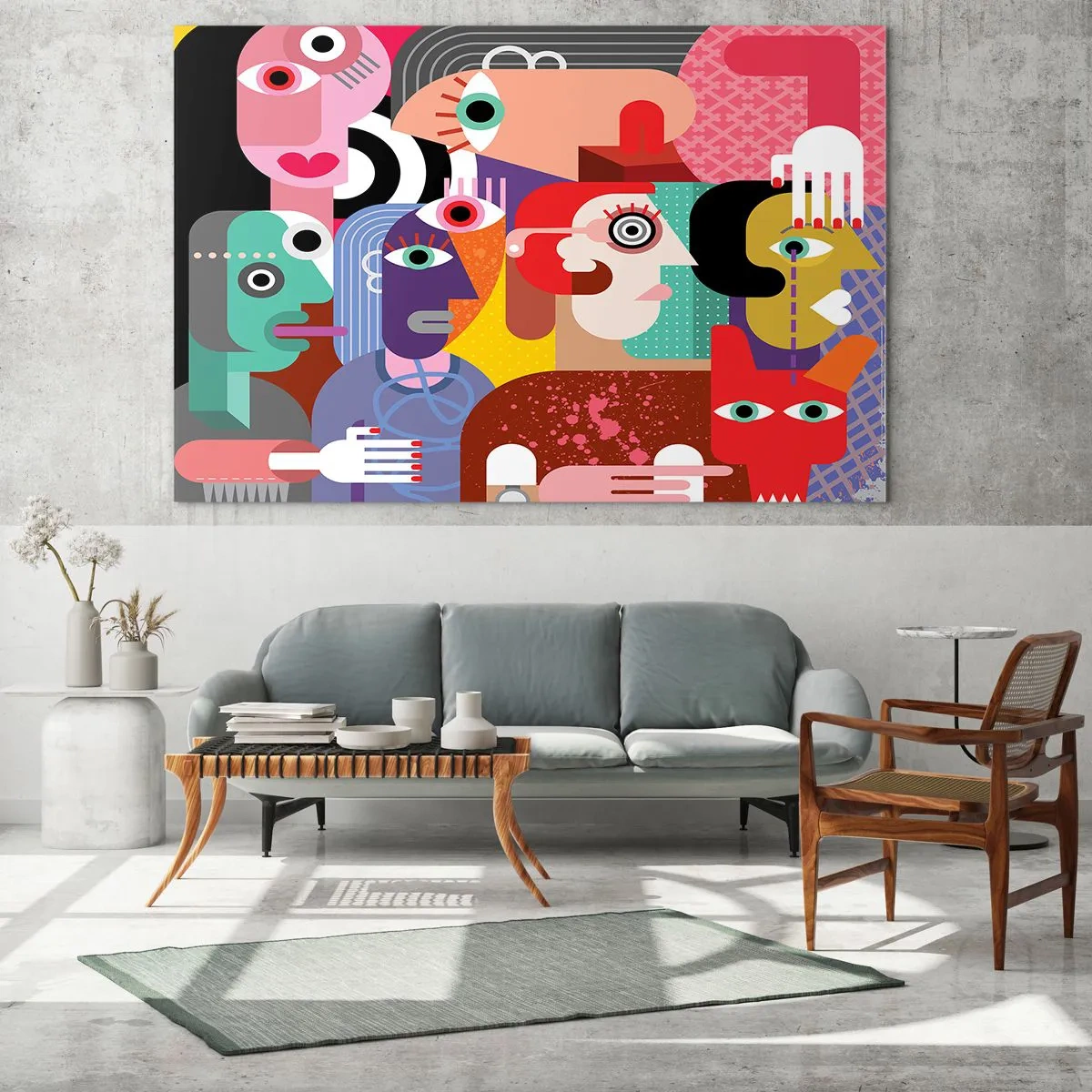 Quadro em vidro - Composição abstrata de rostos em cores vivas - 70x50cm - Viemos da parte do Sr. Picasso - Decoração de parede moderna para a sala de estar e quarto ARTTOR