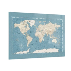 Quadro em vidro - Mapa-múndi estilizado em fundo azul - 70x50cm - O mundo ao seu alcance - Decoração de parede moderna para a sala de estar e quarto ARTTOR
