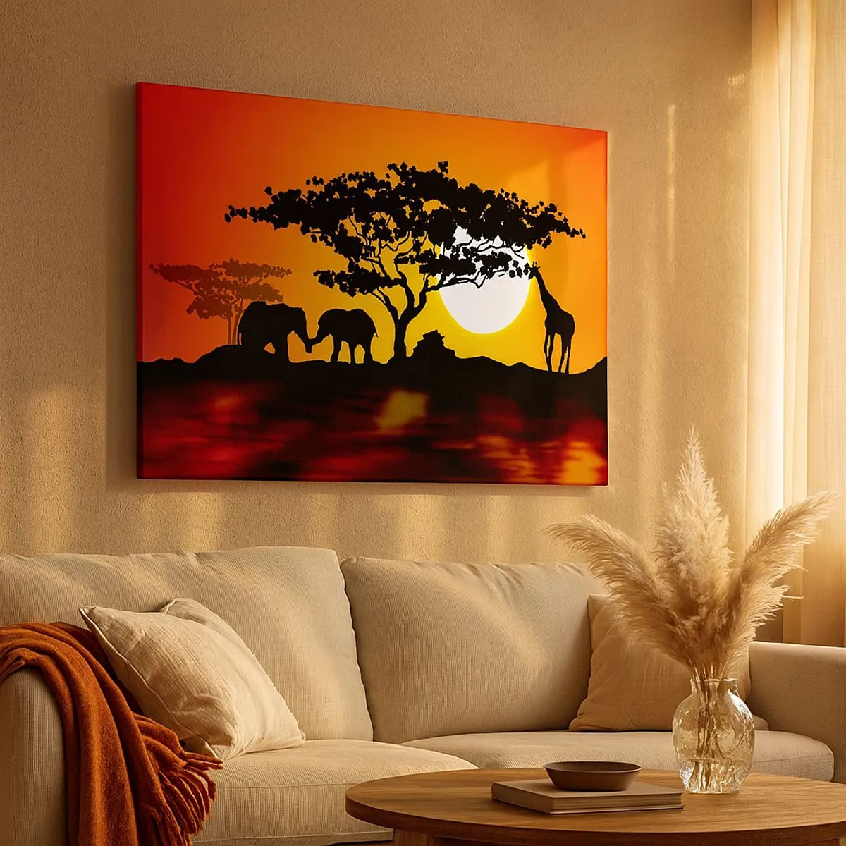 Quadro em tela - Pôr do sol africano com silhuetas de elefantes e girafas sobre a água - 70x50cm - Encontro na savana - Decoração de parede moderna para a sala de estar e quarto ARTTOR
