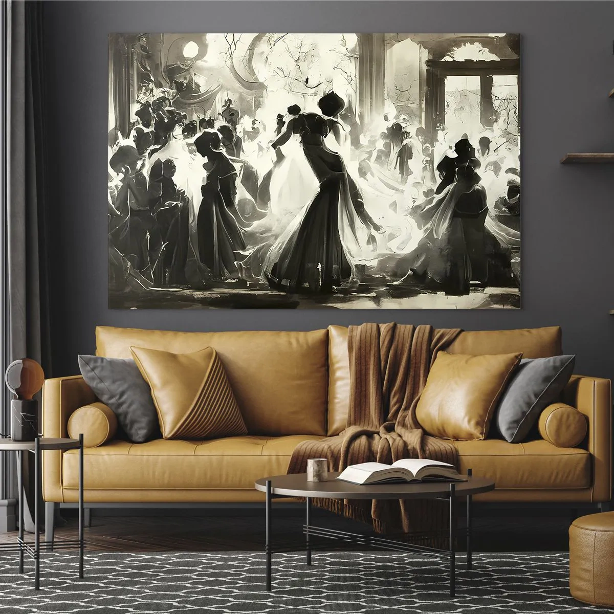 Quadro em vidro - Uma cena de salão de baile em estilo retrô com figuras dançantes - 70x50cm - O grande baile de máscaras - Decoração de parede moderna para a sala de estar e quarto ARTTOR