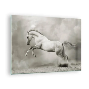 Quadro em vidro - Um cavalo branco saltando contra as nuvens - 70x50cm - Entre o acordar e sonhar - Decoração de parede moderna para a sala de estar e quarto ARTTOR