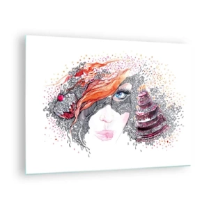 Quadro em vidro - Retrato de uma mulher com padrões dinâmicos e detalhes em vermelho - 70x50cm - Com ela, todos os dias são dias de festa - Decoração de parede moderna para a sala de estar e quarto ARTTOR