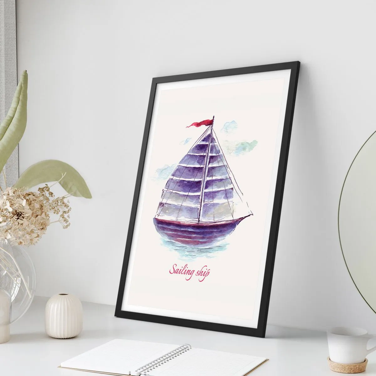 Pôster com moldura preta - Ilustração em aquarela de um veleiro em águas calmas - 50x70cm - Cheio de velas e águas calmas - Decoração de parede moderna para a sala de estar e quarto ARTTOR