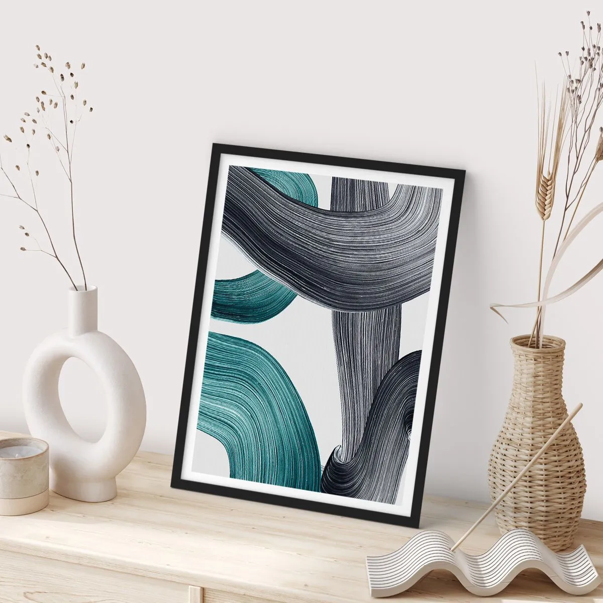 Pôster com moldura preta - Trilhas esmeralda e preta - 70x100 cm