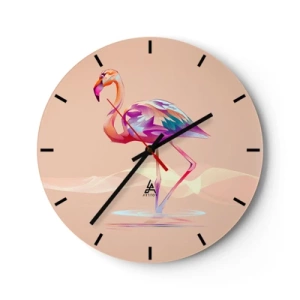 Relógio de parede - Relógio em vidro - Flamingo com padrão geométrico sobre fundo bege - 30x30cm - A ave das boas emoções - Decoração de parede moderna para a sala de estar, cozinha e quarto ARTTOR