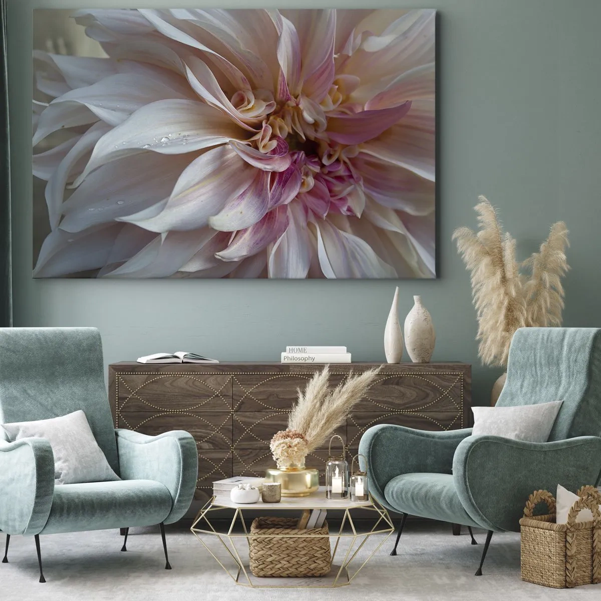 Quadro em tela - Close-up de delicadas pétalas de flores rosas com gotas de água - 70x50cm - Frescor florescente - Decoração de parede moderna para a sala de estar e quarto ARTTOR