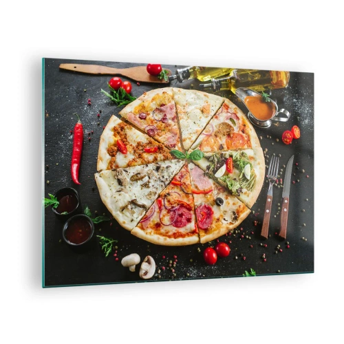 Quadro em vidro - Pizza de vários sabores com coberturas em fundo escuro - 70x50cm - Gama de sabores - Decoração de parede moderna para a sala de estar e quarto ARTTOR