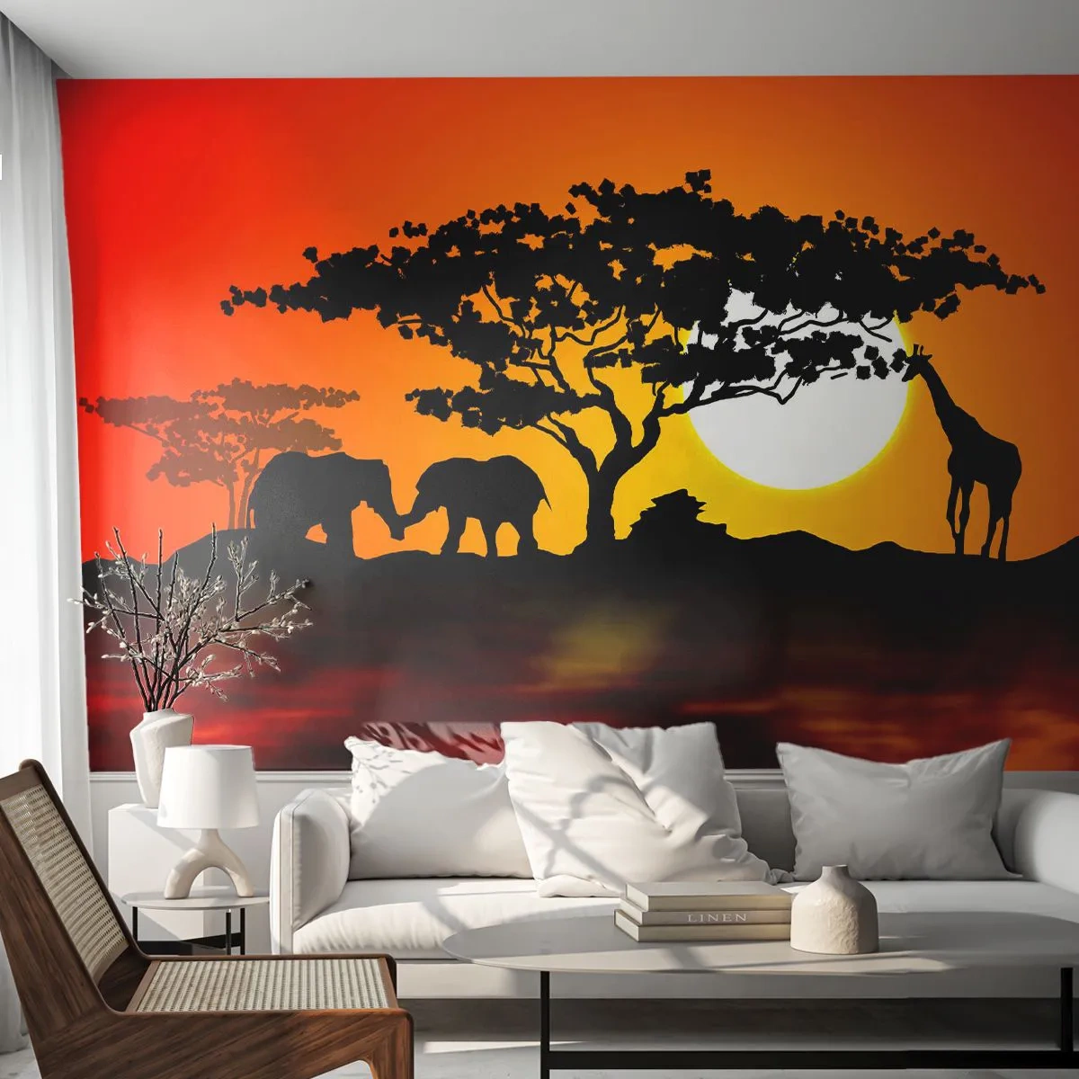 Papel de Parede Standard Eco - Savana africana com pôr do sol e silhuetas de animais - 100x70cm - Encontro na savana - Decoração de parede moderna para a sala de estar e quarto ARTTOR