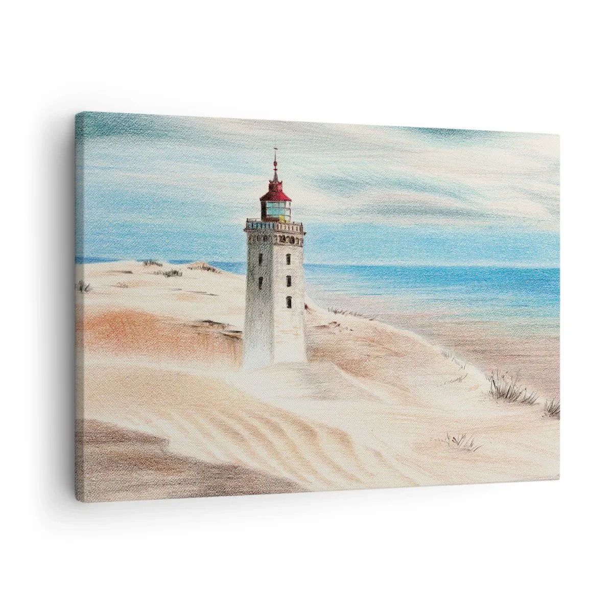 Quadro em tela - Um farol cercado por dunas de areia e um céu azul - 70x50cm - Sempre a olhar para o mar - Decoração de parede moderna para a sala de estar e quarto ARTTOR