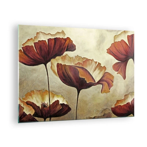 Quadro em vidro - Flores de papoula em tons de vermelho e dourado sobre fundo claro - 70x50cm - Prados e pradarias - Decoração de parede moderna para a sala de estar e quarto ARTTOR