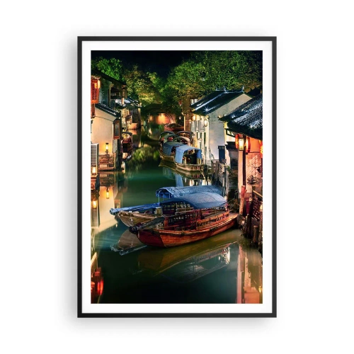 Pôster com moldura preta - Uma noite em uma rua chinesa - 70x100 cm