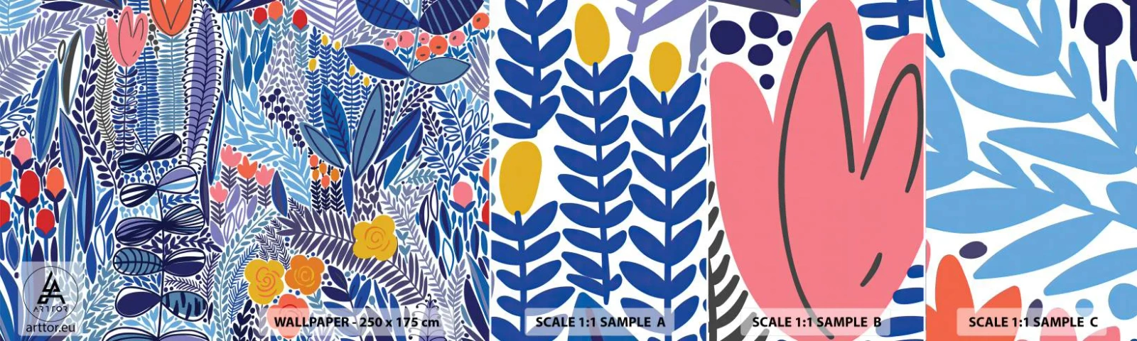 Amostra de Papel de Parede Standard Eco - Jardim Havaiano - Flores, Folhas, Prado - 100x30 cm