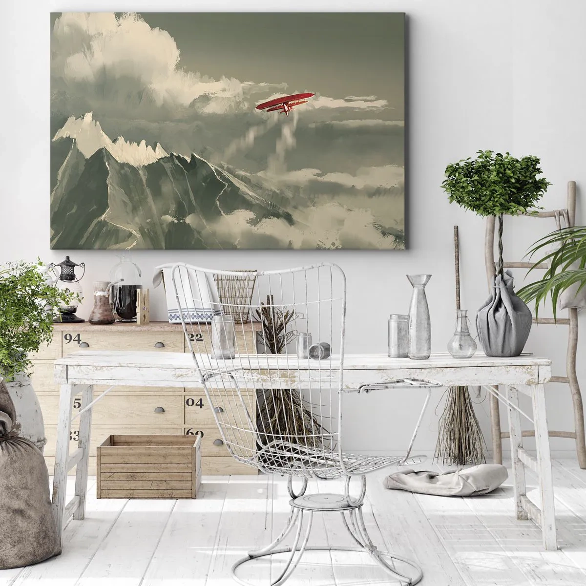 Quadro em tela - Avião vermelho sobre montanhas cobertas de neve - 70x50cm - O pioneiro destemido - Decoração de parede moderna para a sala de estar e quarto ARTTOR