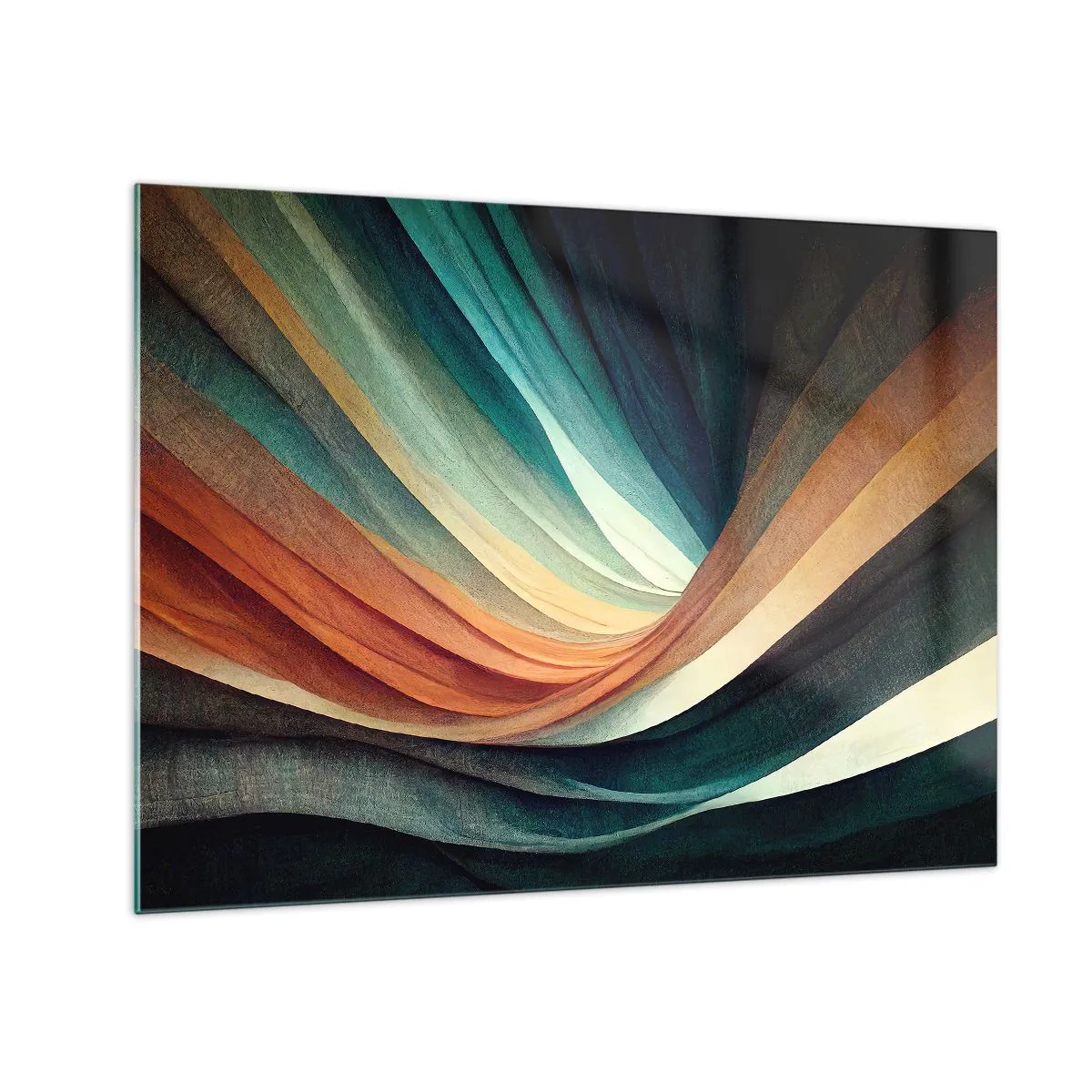 Quadro em vidro - Ondas coloridas em tons de turquesa, laranja e bege - 70x50cm - Tecido de cores - Decoração de parede moderna para a sala de estar e quarto ARTTOR