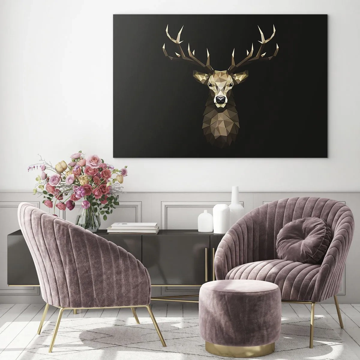 Quadro em vidro - Veado geométrico em fundo preto - 70x50cm - Veado cubista - Decoração de parede moderna para a sala de estar e quarto ARTTOR